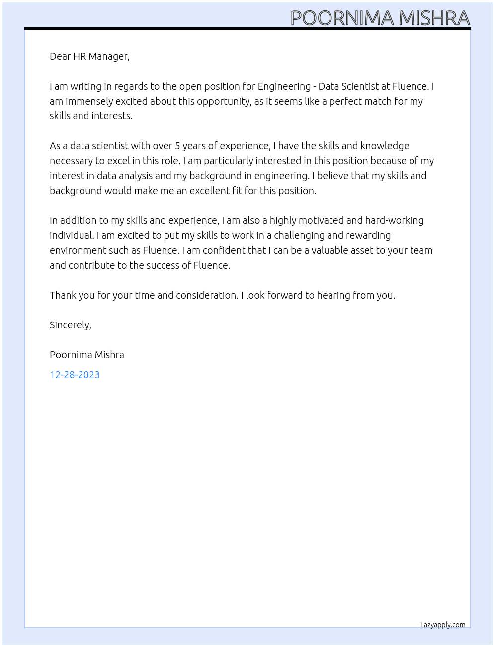 Engineering - Data Scientist  At Fluence Cover Letter