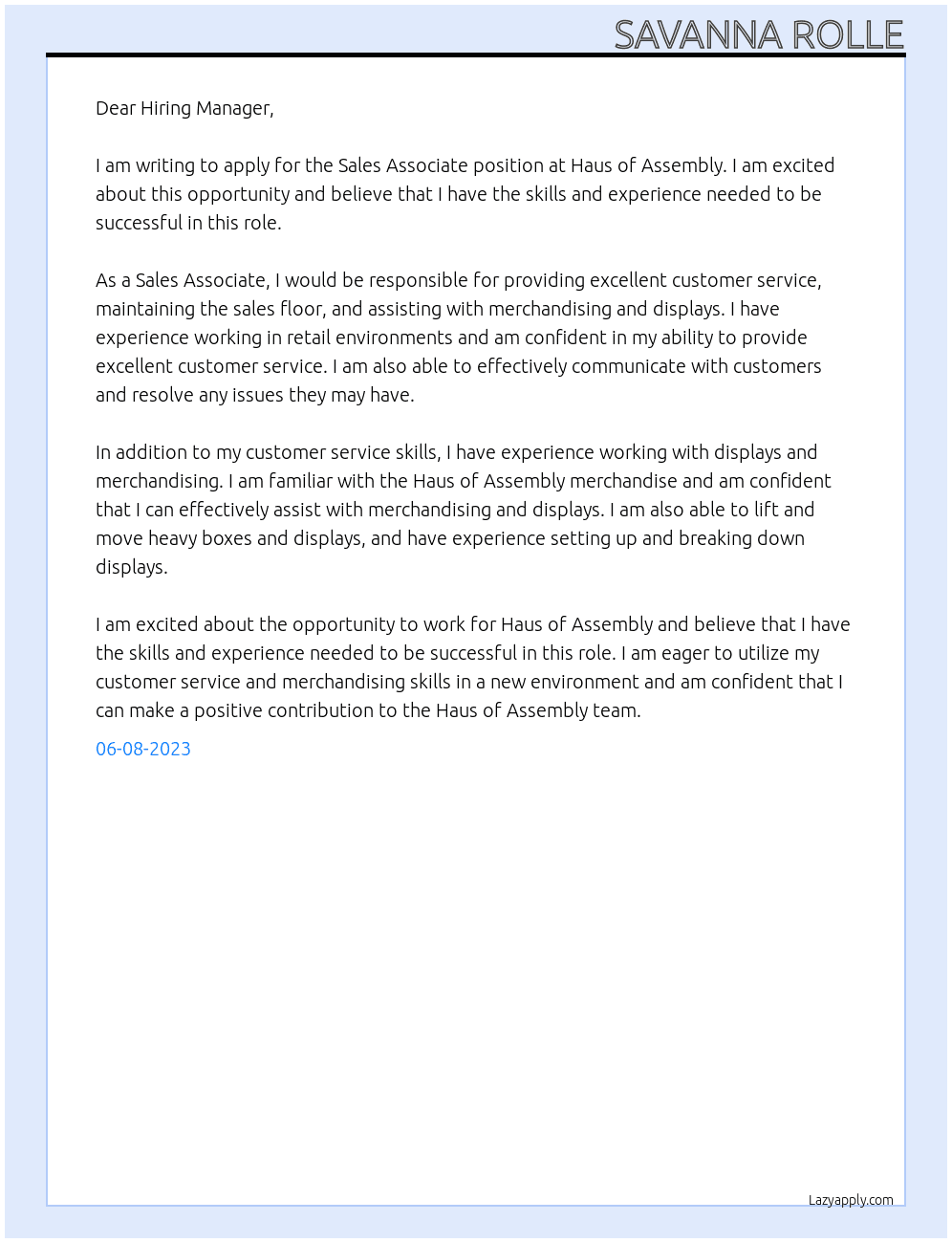 Sales Associate At Haus of Assembly Cover Letter