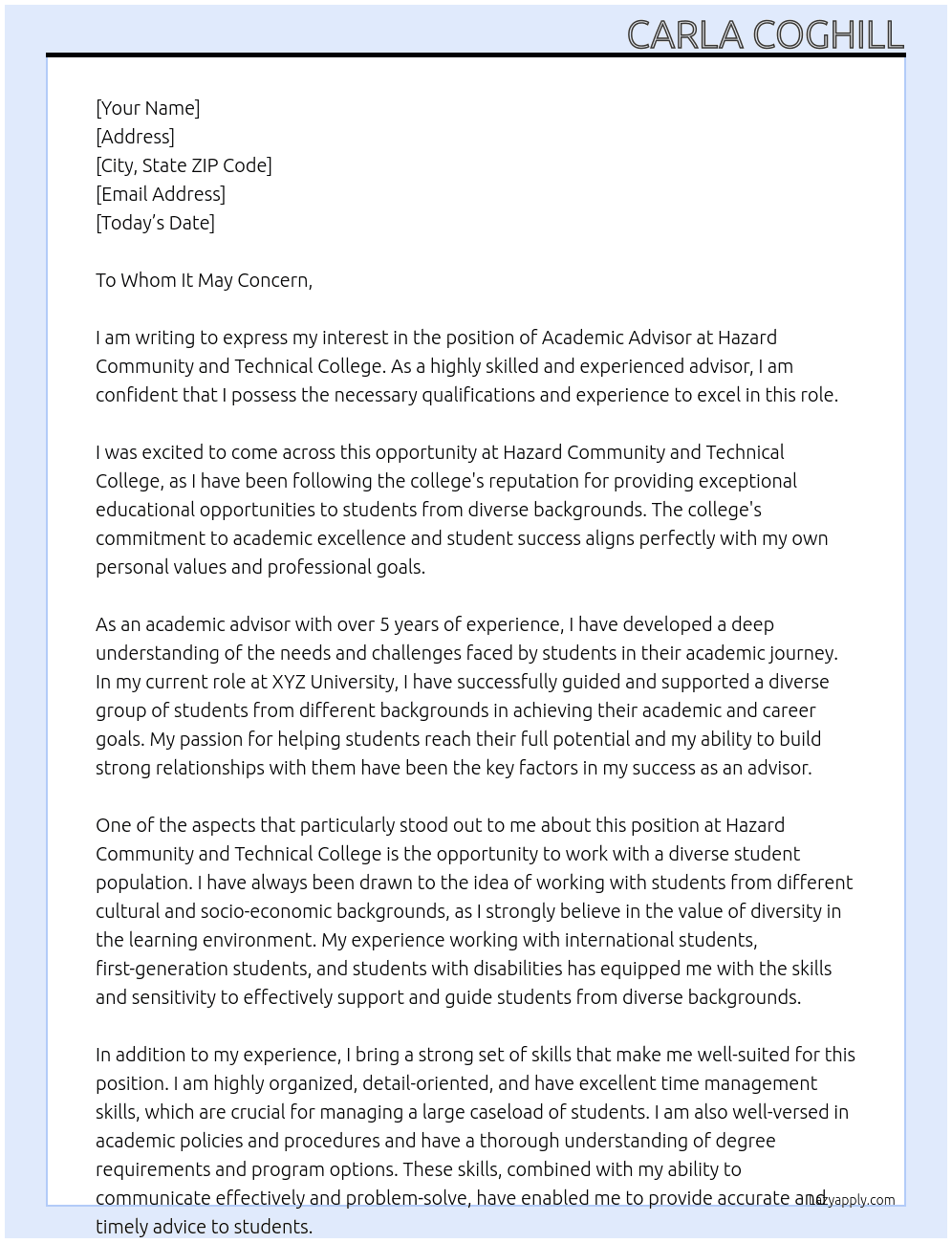 academic advisor At Hazard Community and Technical College  Cover Letter