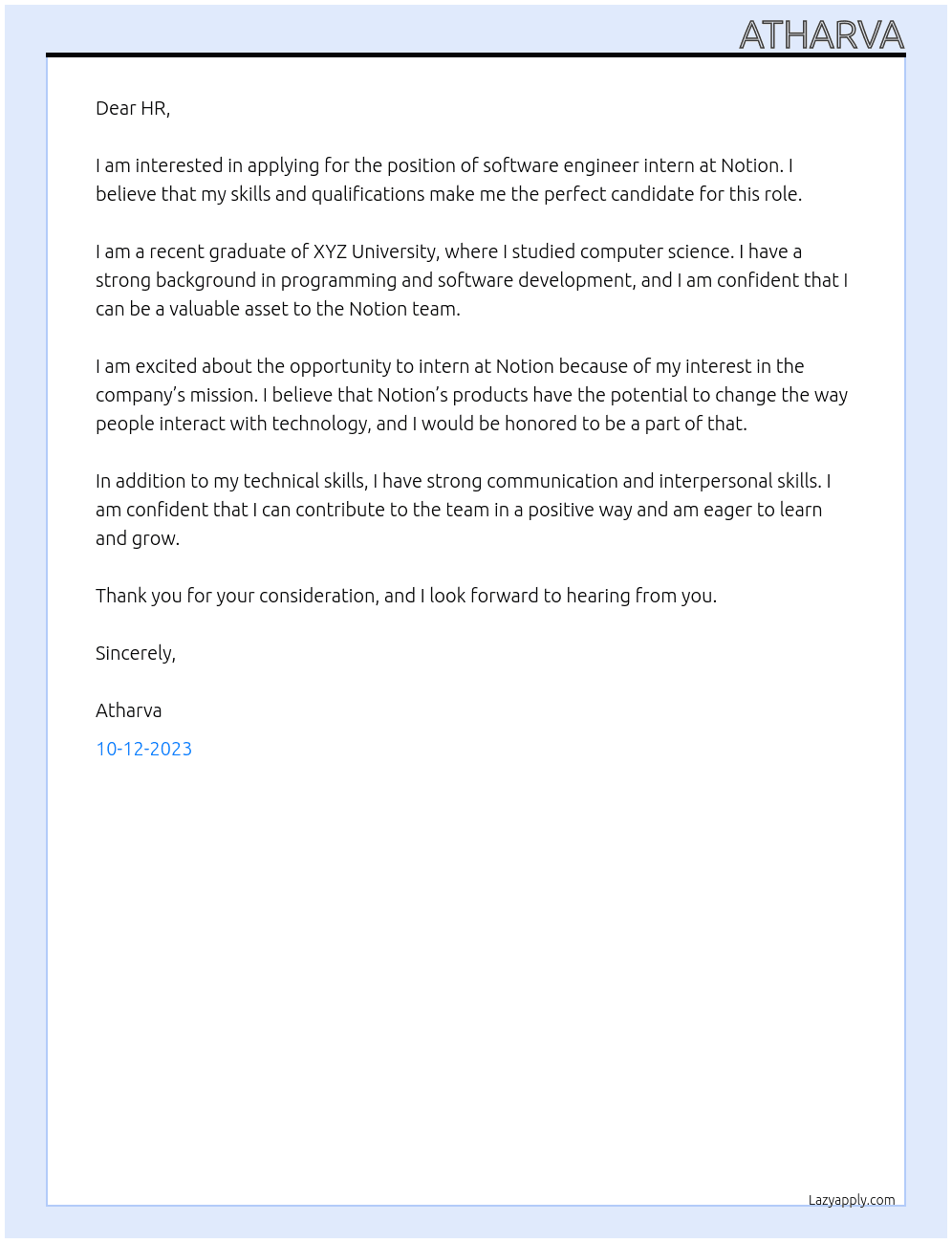 Software Engineer, Intern At Notion Cover Letter