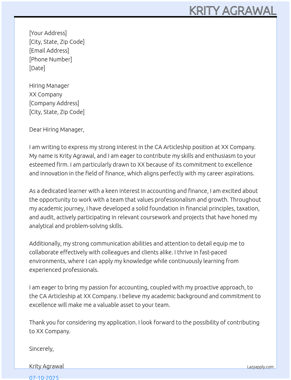 ca articleship At xx Cover Letter