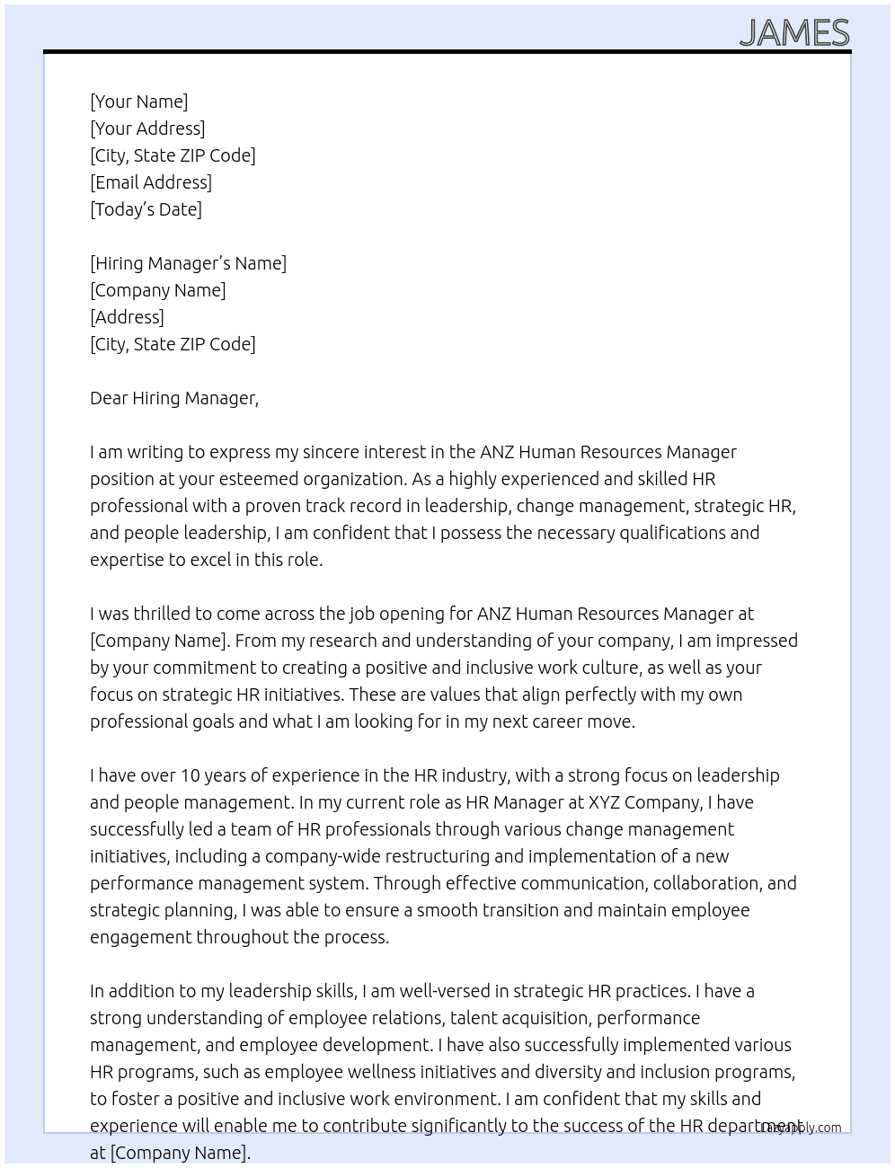 ANZ Human Resources Manager At Dont know Cover Letter