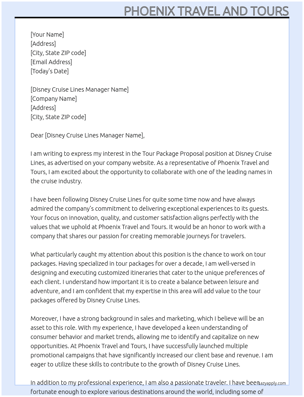 Tour package proposal  At Disney cruise lines  Cover Letter