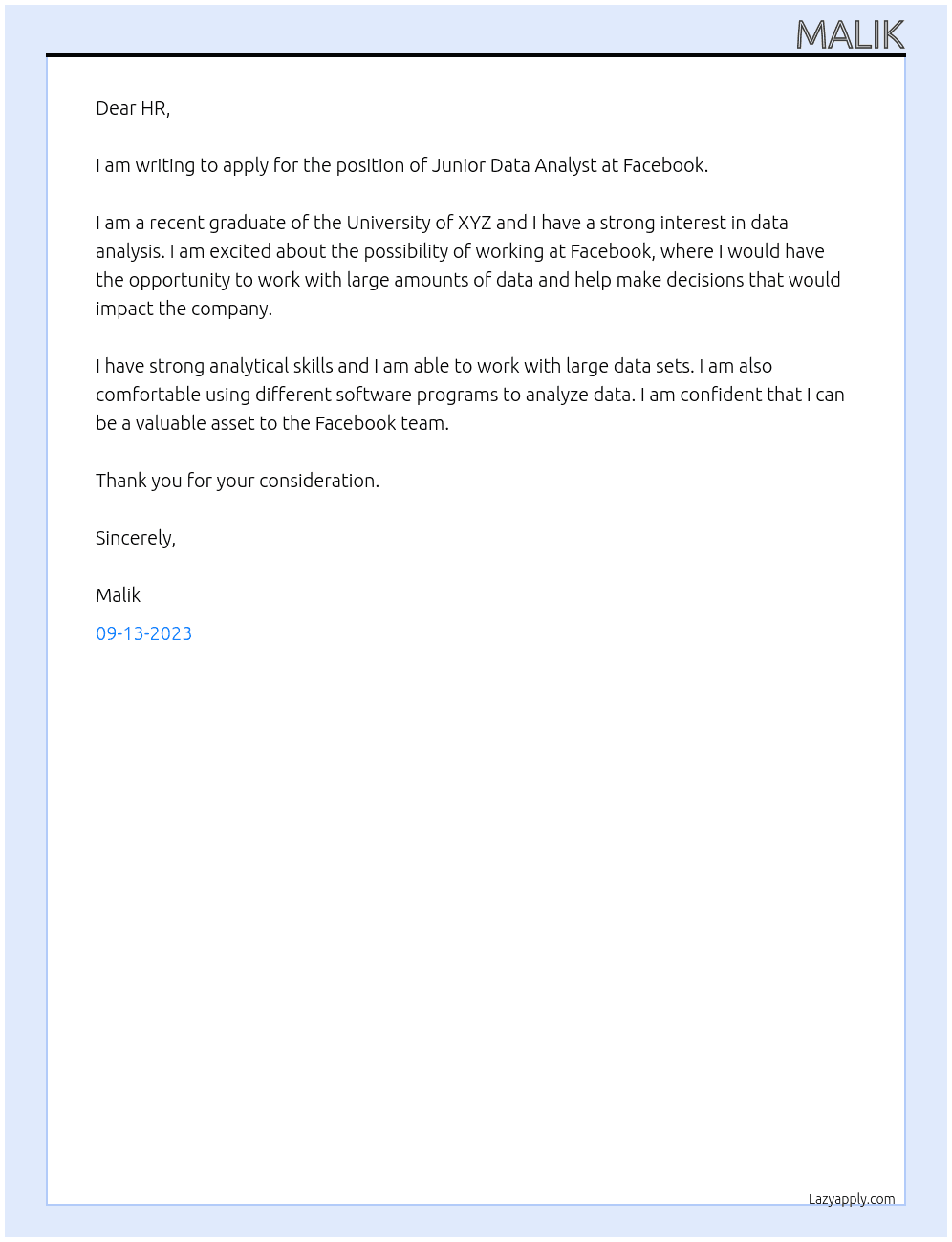 JUNIOR DATA ANALYST At facebook Cover Letter