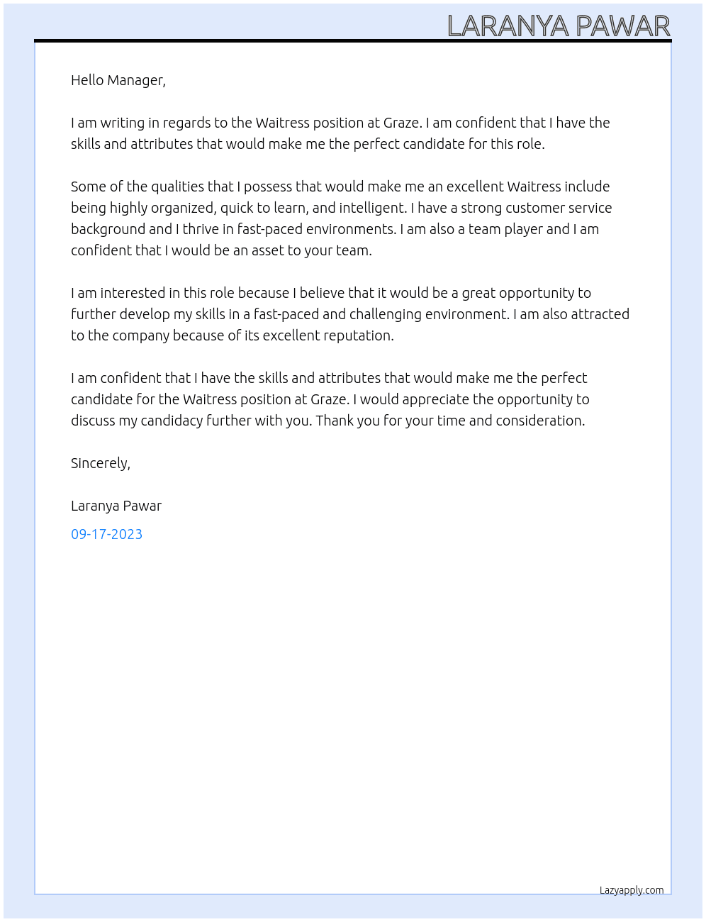 Waitress At Graze Cover Letter