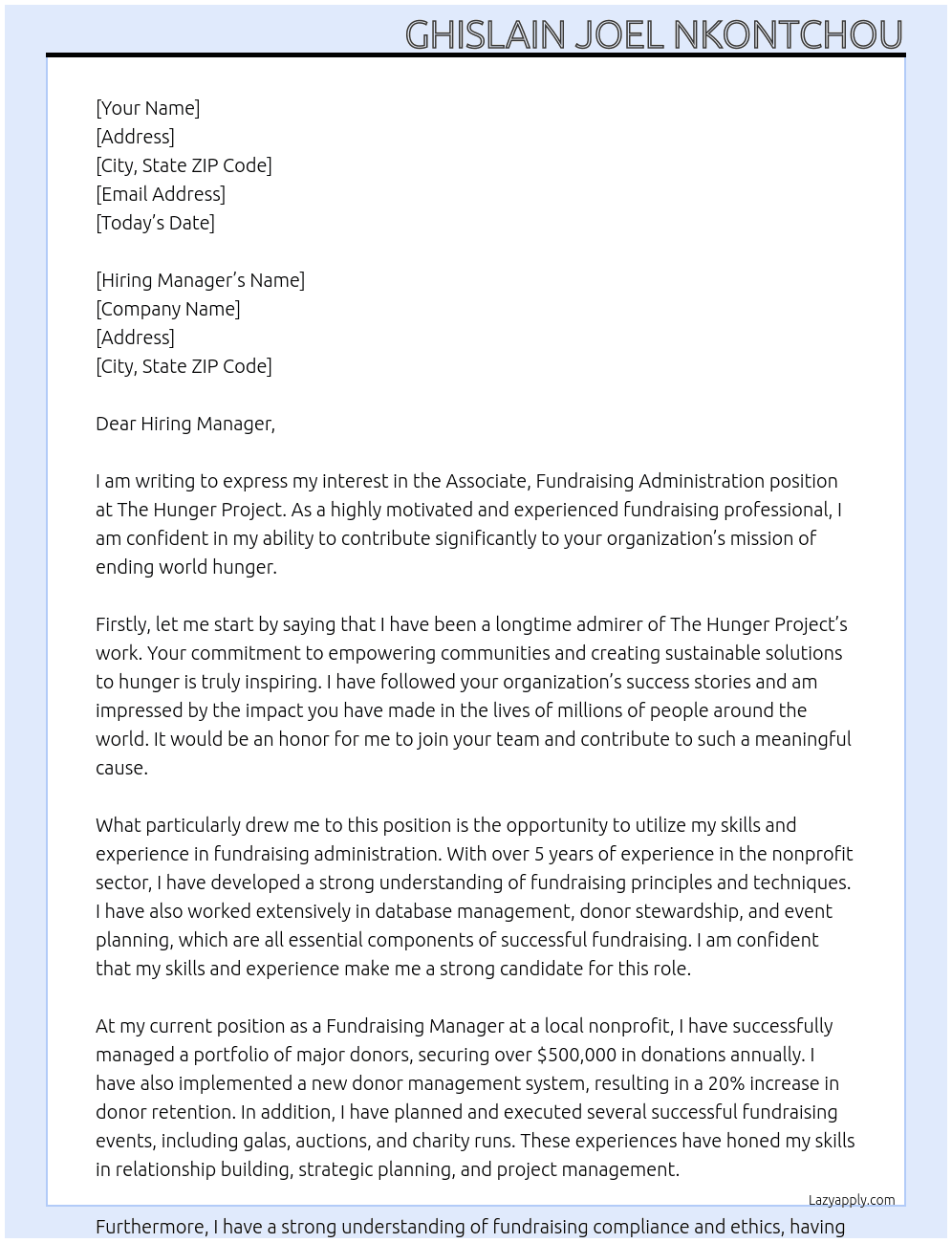 Associate, Fundraising Administration - The Hunger Project At The Hunger Project Cover Letter