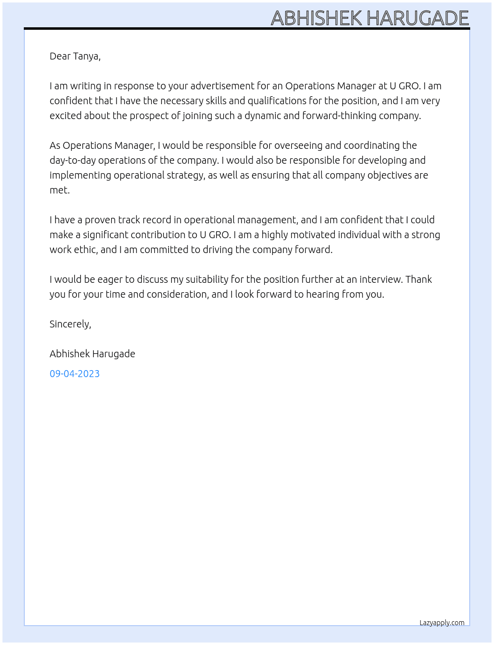 Operation Manager At U GRO Cover Letter