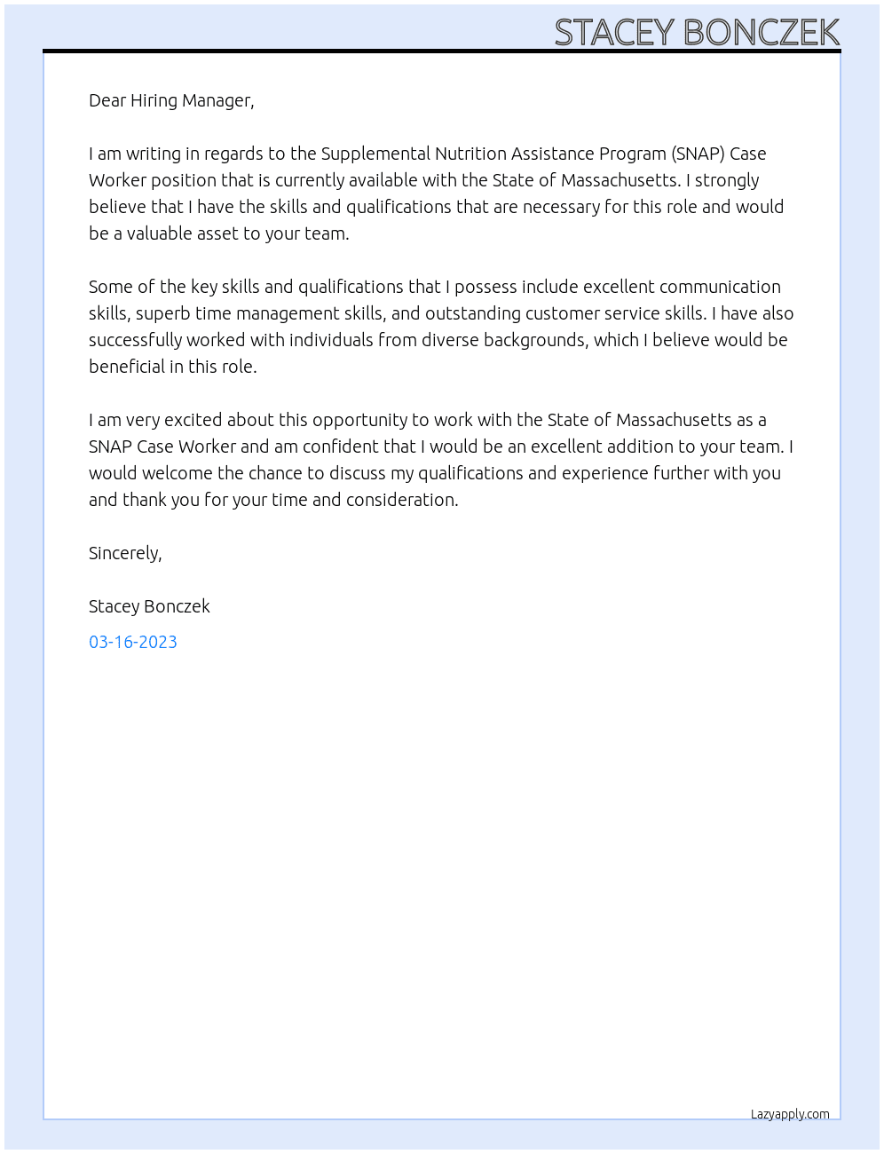 Supplemental Nutrition Assistance Program (SNAP) Case Worker At State of Massachusetts Cover Letter