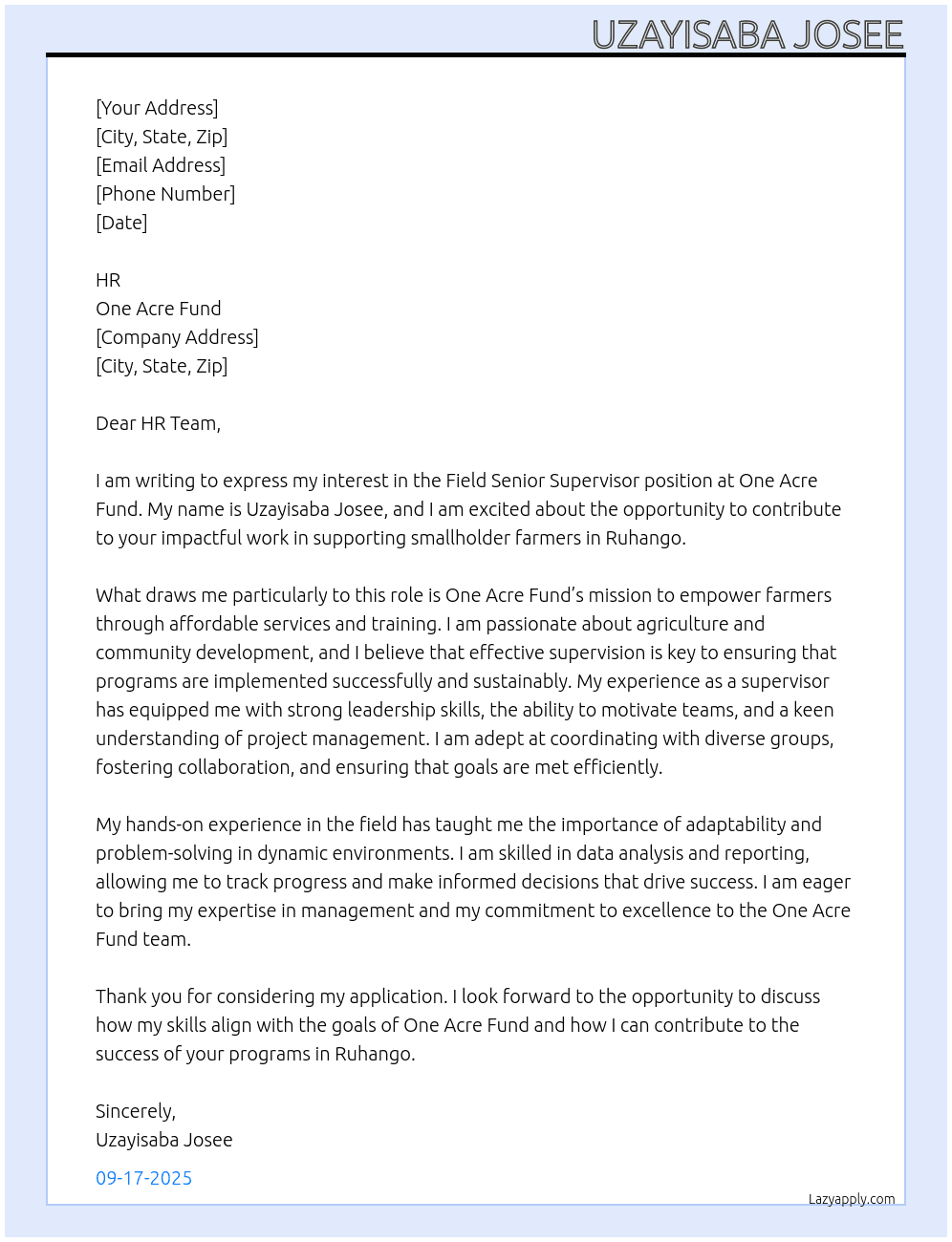 field senior supervisor At One Acre Fund Cover Letter