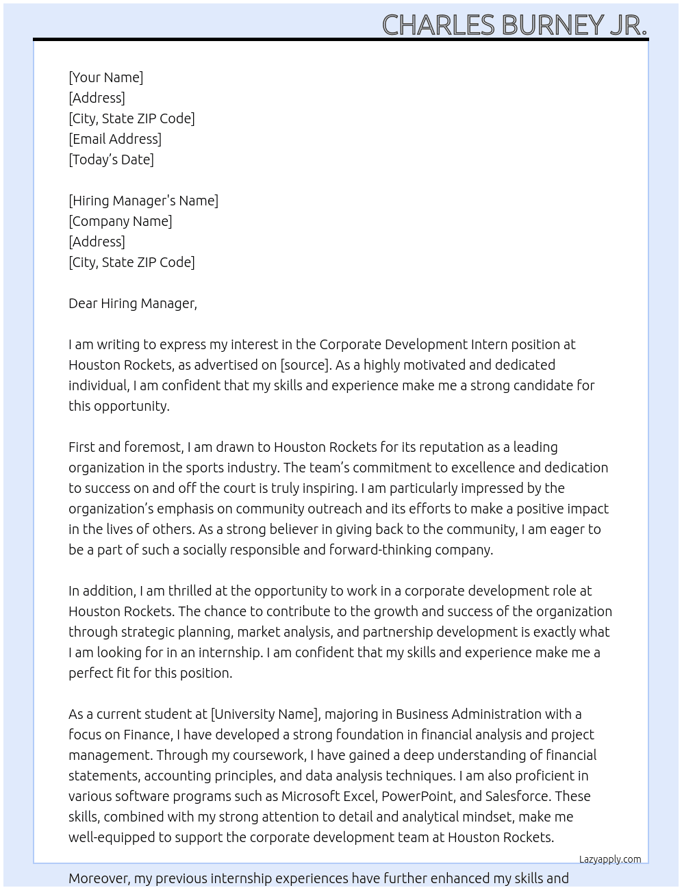 Corporate Development Intern At Houston Rockets Cover Letter