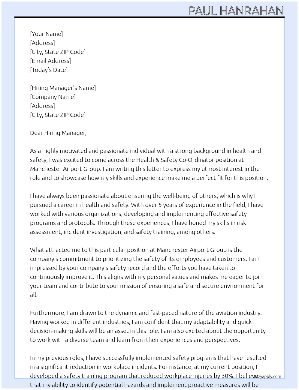 Health & Safety Co-Ordinator At Manchester Airport Group Cover Letter