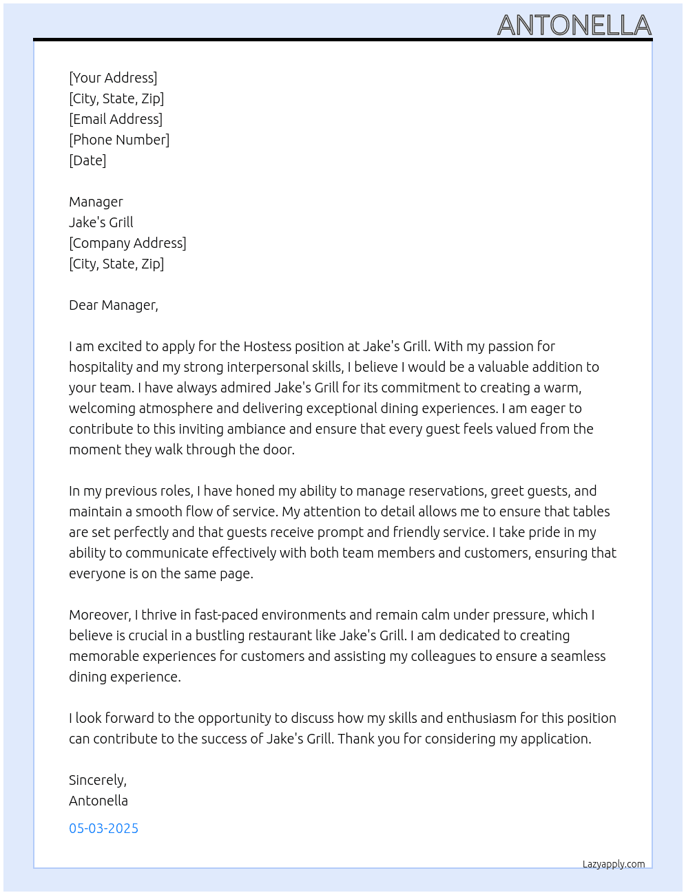 hostess At jakesgril Cover Letter