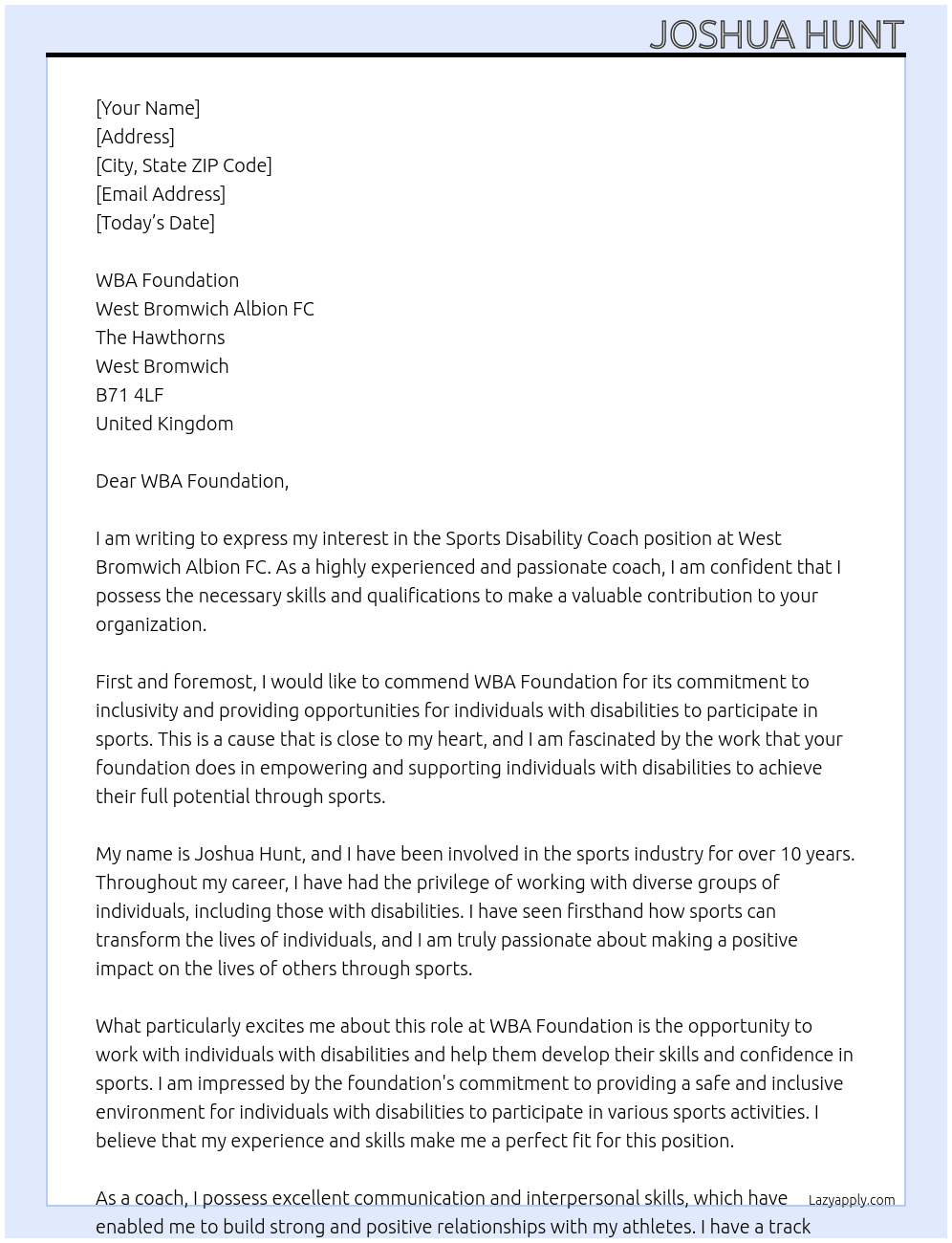 Sports disability coach  At West Bromwich Albion FC Cover Letter