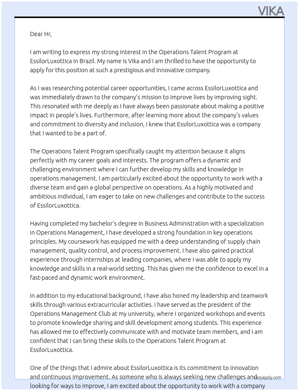 Operations Talent Program | Brazil At EssilorLuxottica Cover Letter