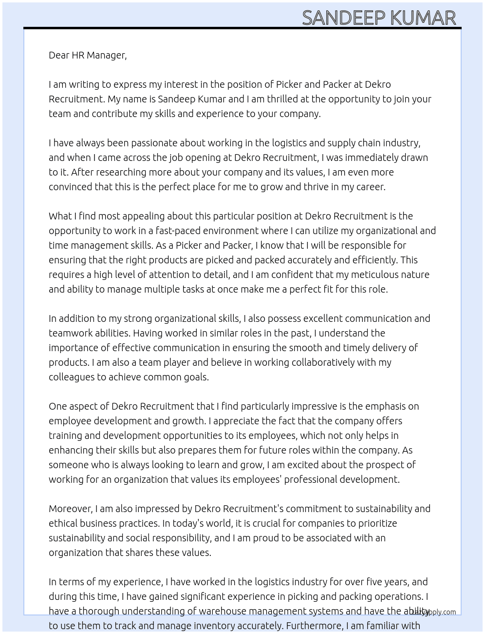Picker and packers  At Dekro Recruitment  Cover Letter