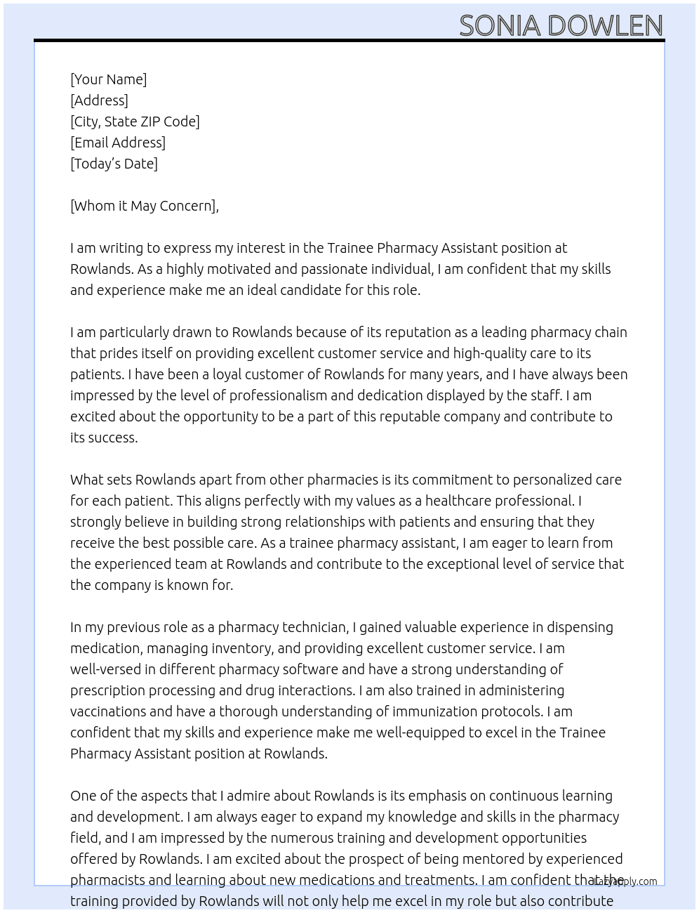 Trainee pharmacy assistant At Rowlands Cover Letter