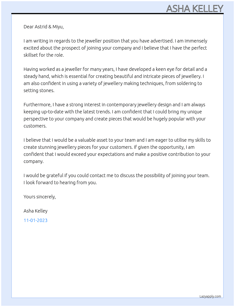 Jeweller At Astrid & Miyu Cover Letter