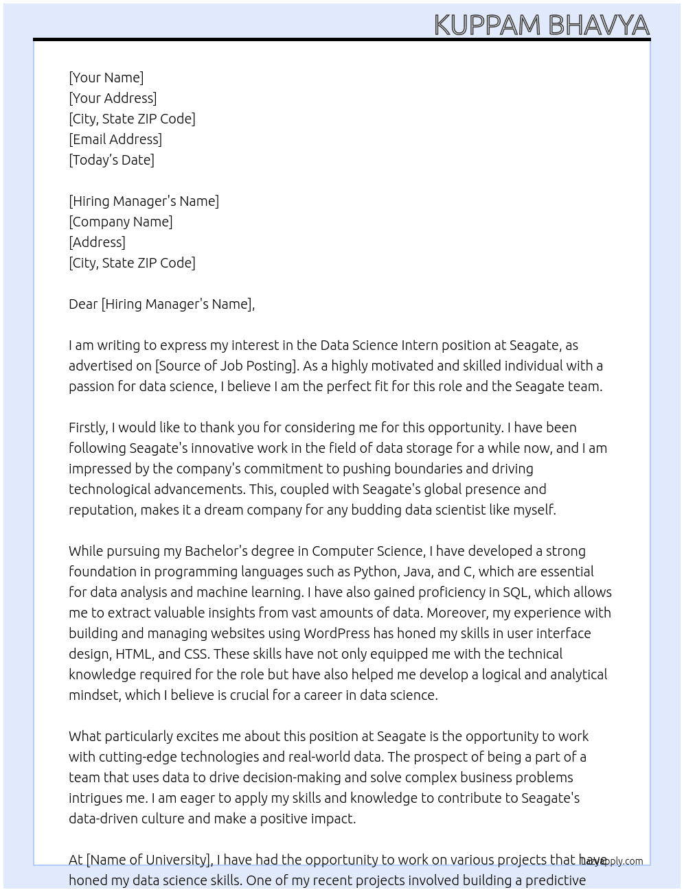 Data science intern  At Seagate Cover Letter