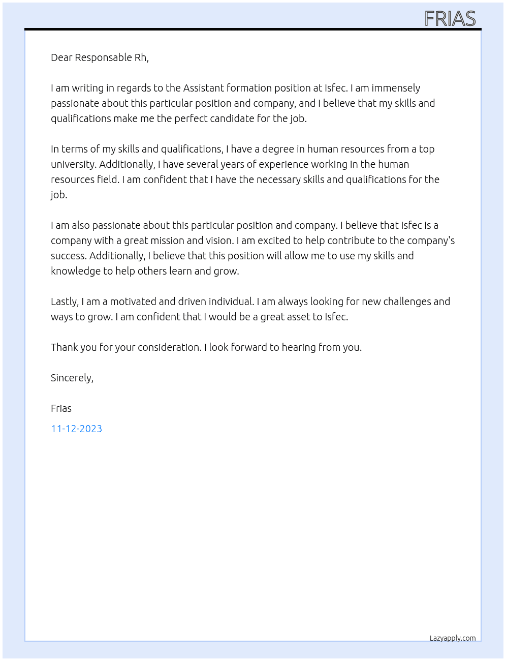 Assistant formation  At Isfec  Cover Letter