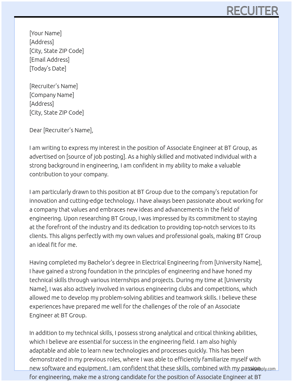 ASSOCIATE ENGINEER At BT Group Cover Letter