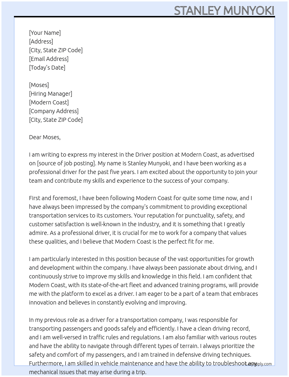 driver At Modern coast Cover Letter