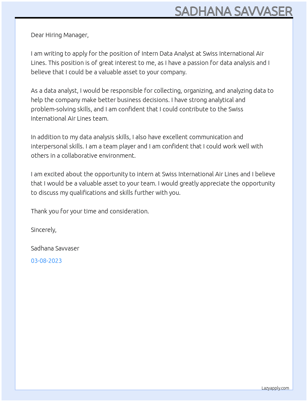 Intern Data analyst At Swiss International Air Lines Cover Letter