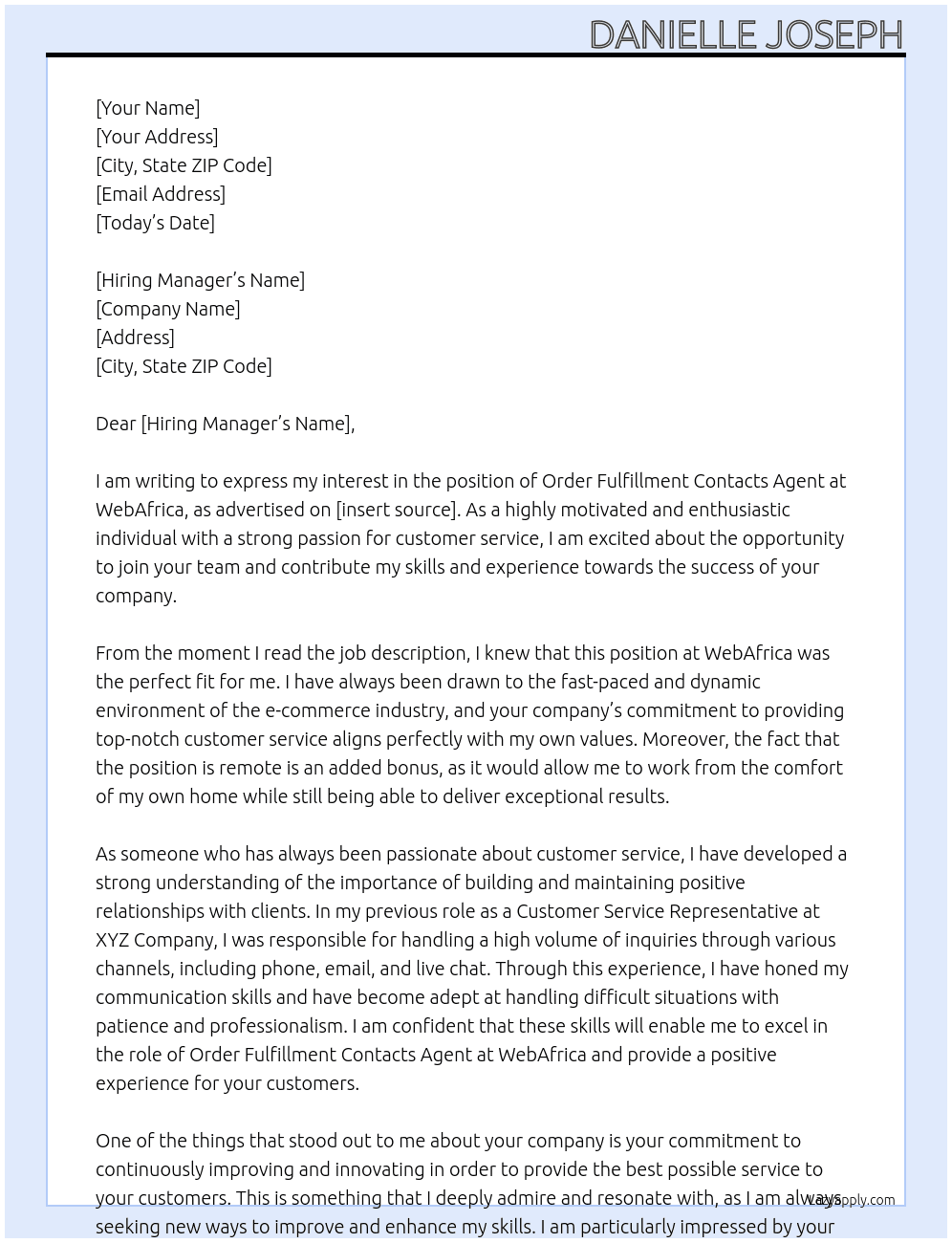 Order fulfillment contacts agent At WebAfrica Cover Letter