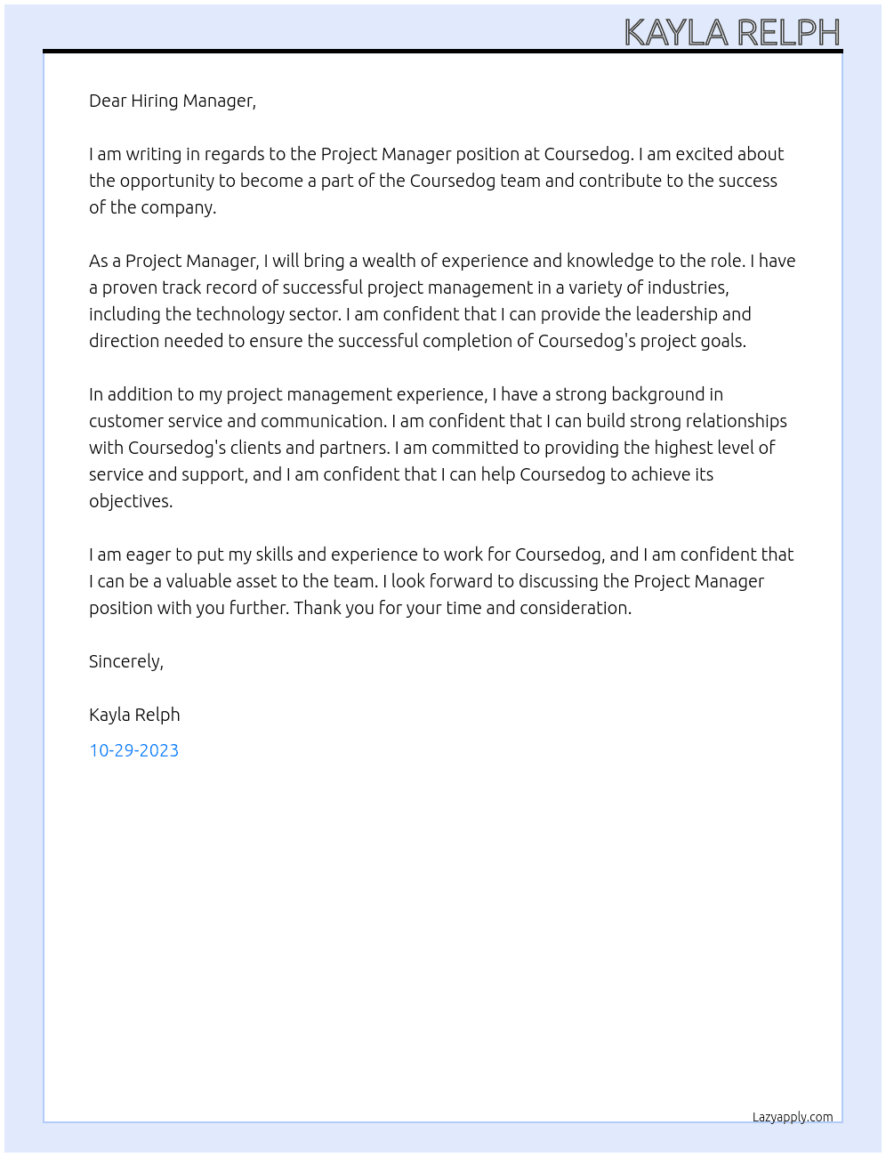 Project Manager At Coursedog Cover Letter