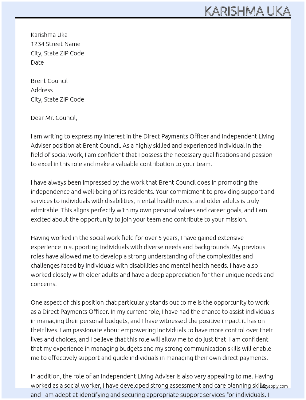 Cover letter for direct payments officer - independent living adviser - LazyApply