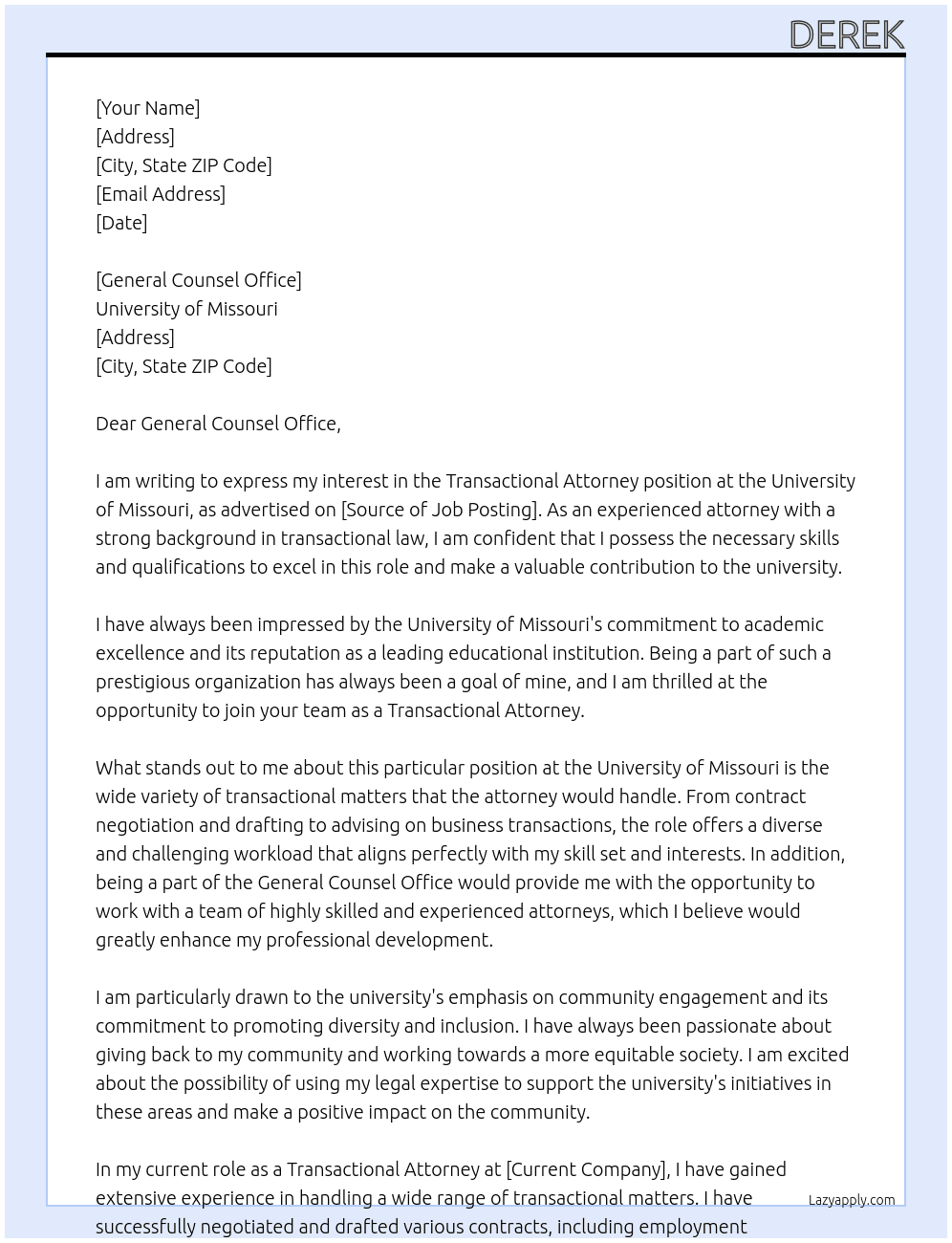 Transactional Attorney  At University of Missouri Cover Letter