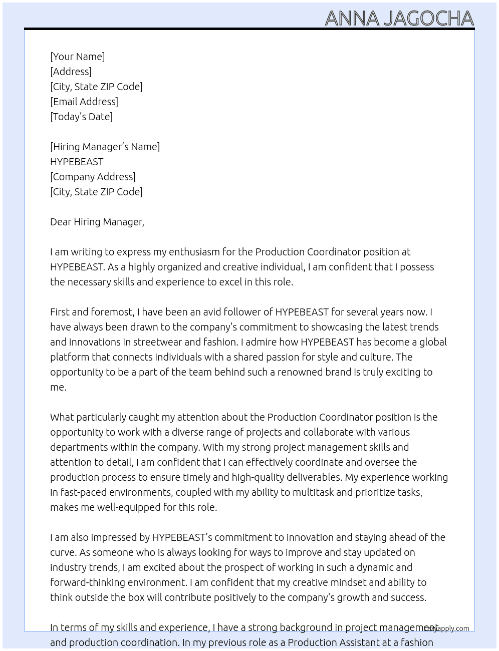 Production Coordinator At HYPEBEAST Cover Letter
