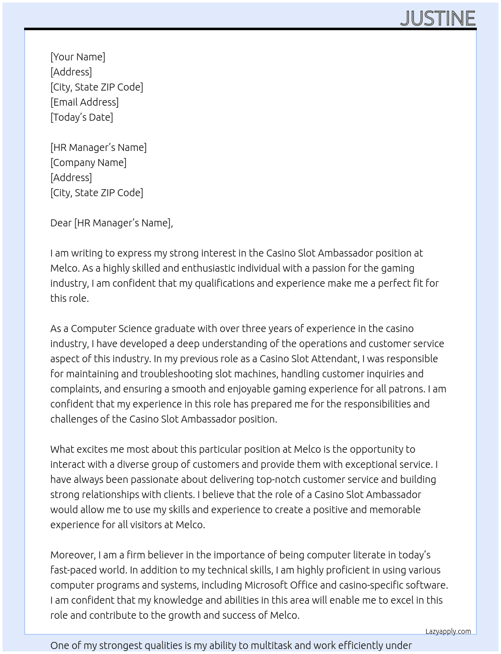Casino Slot Ambassador At Melco Cover Letter