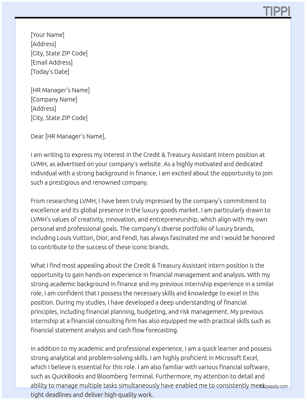 Credit & Treasury Assistant intern At LVMH Cover Letter