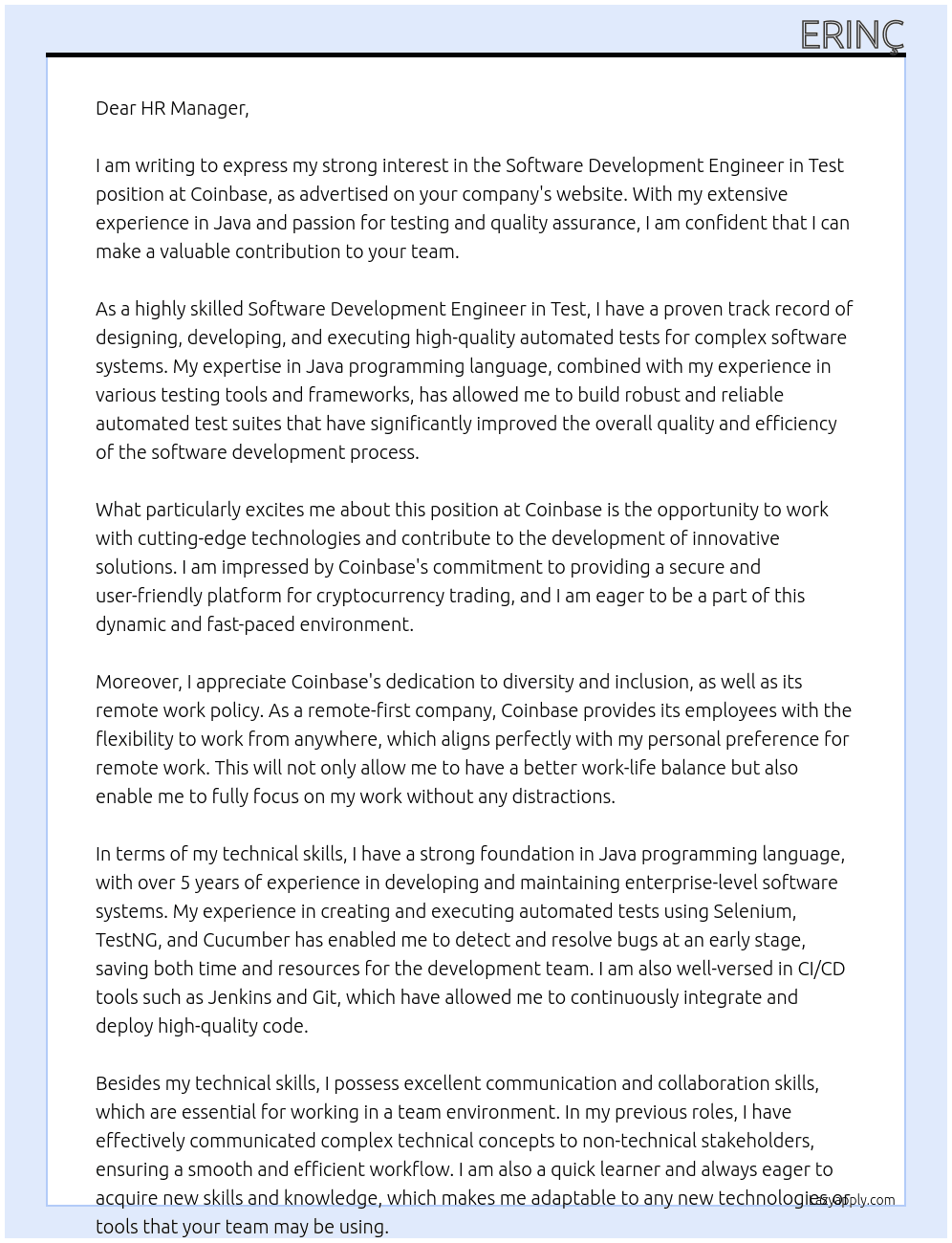 Software Development Engineer in Test At Coinbase Cover Letter