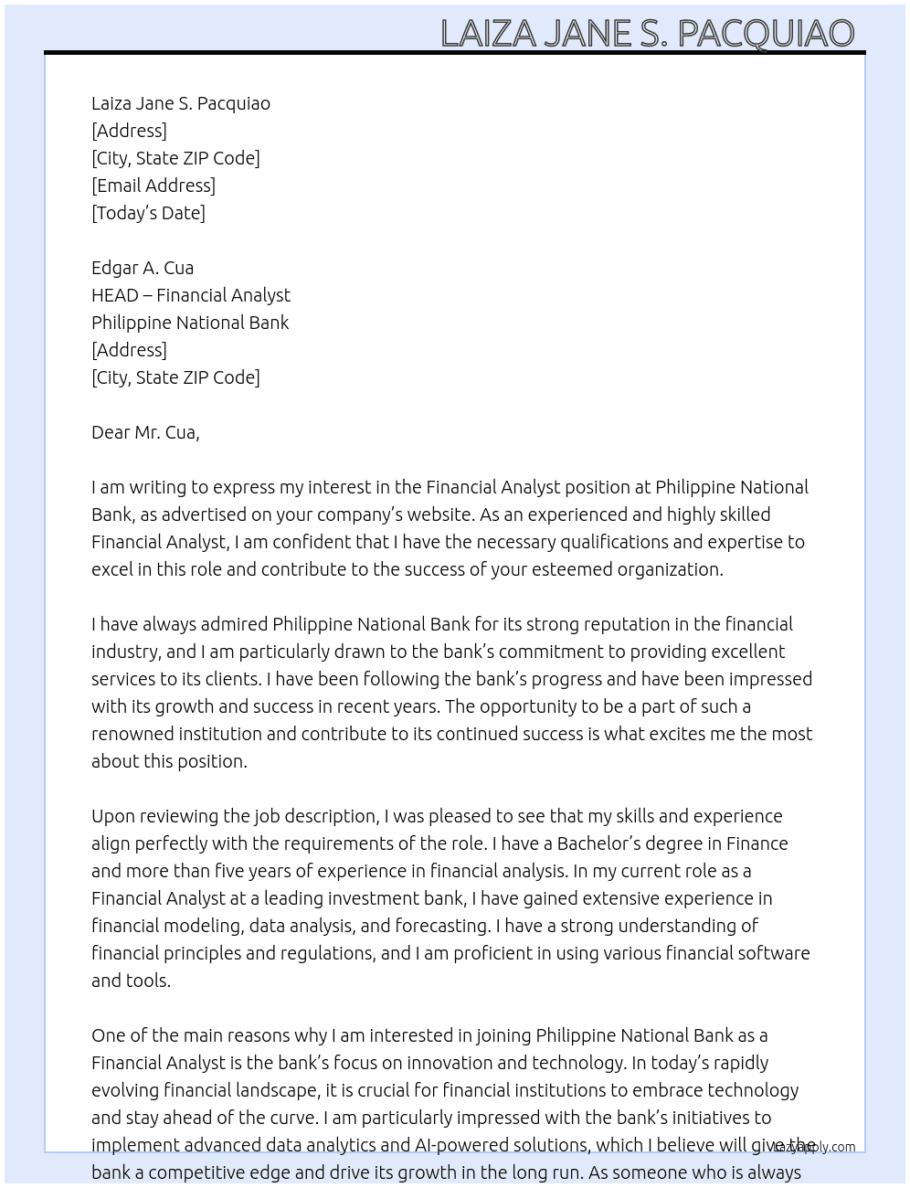 Financial Analyst  At Philippine National Bank Cover Letter