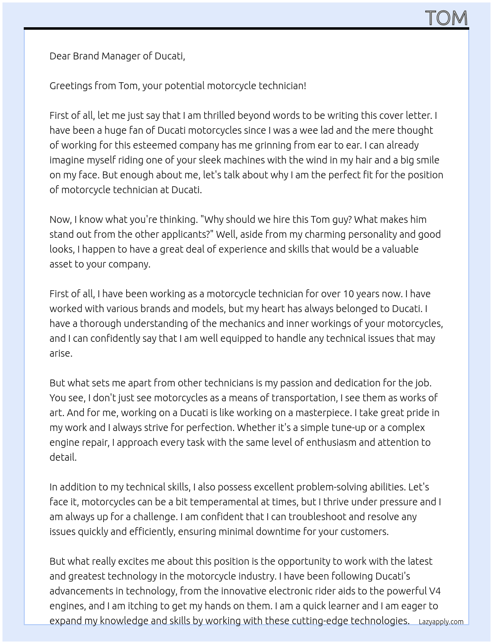 Cover letter for motorcycle technician - LazyApply