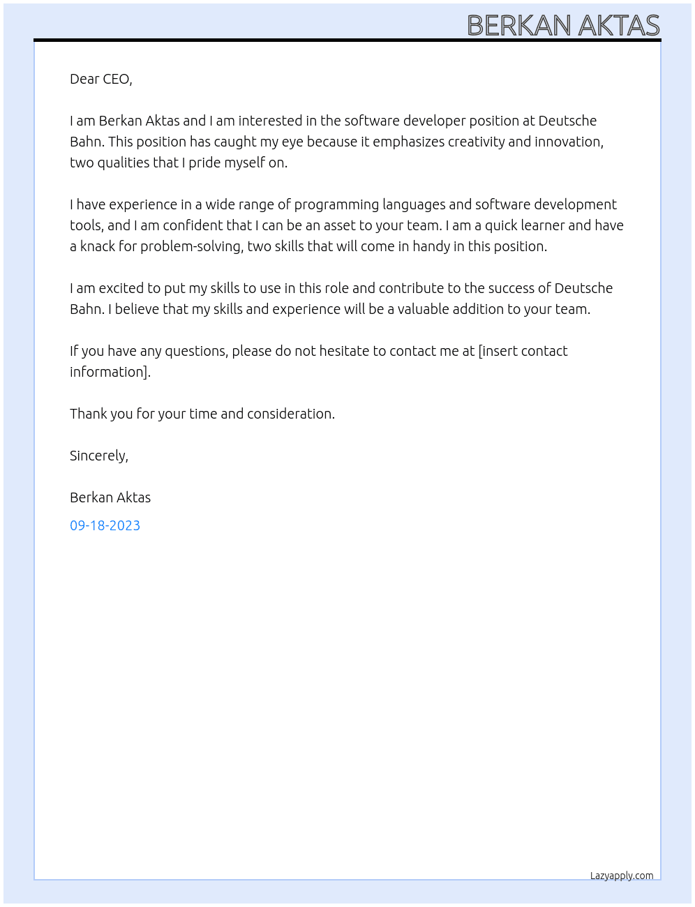 software developer At Deutsche Bahn Cover Letter