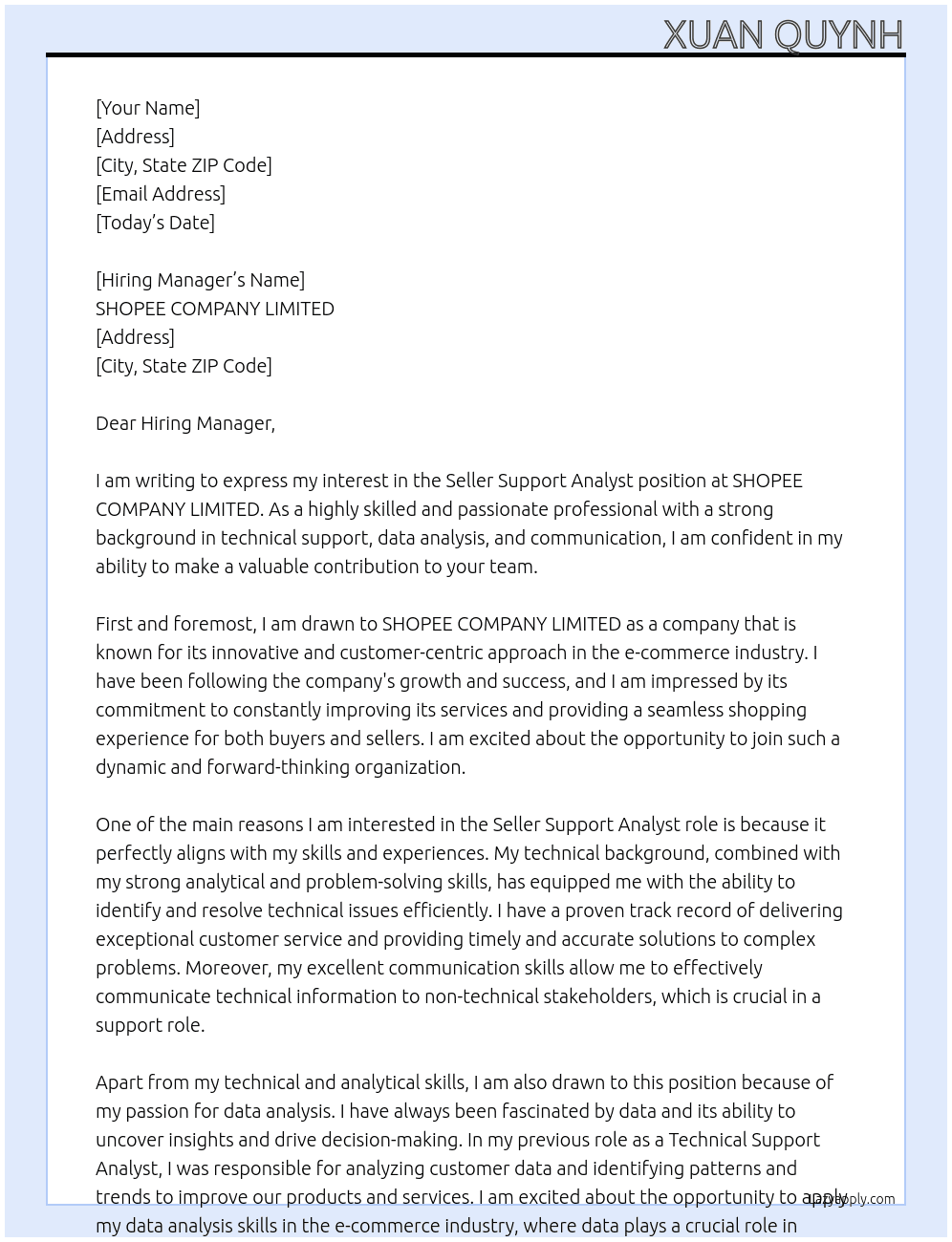 Seller Support Analyst At SHOPEE COMPANY LIMITED Cover Letter