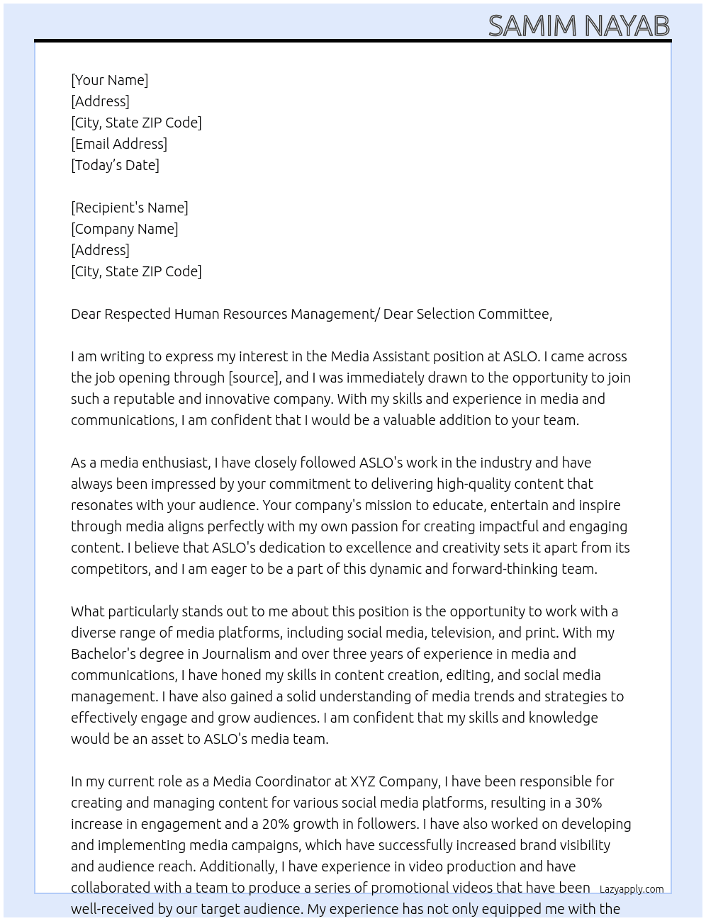 Media Assistant At ASLO Cover Letter