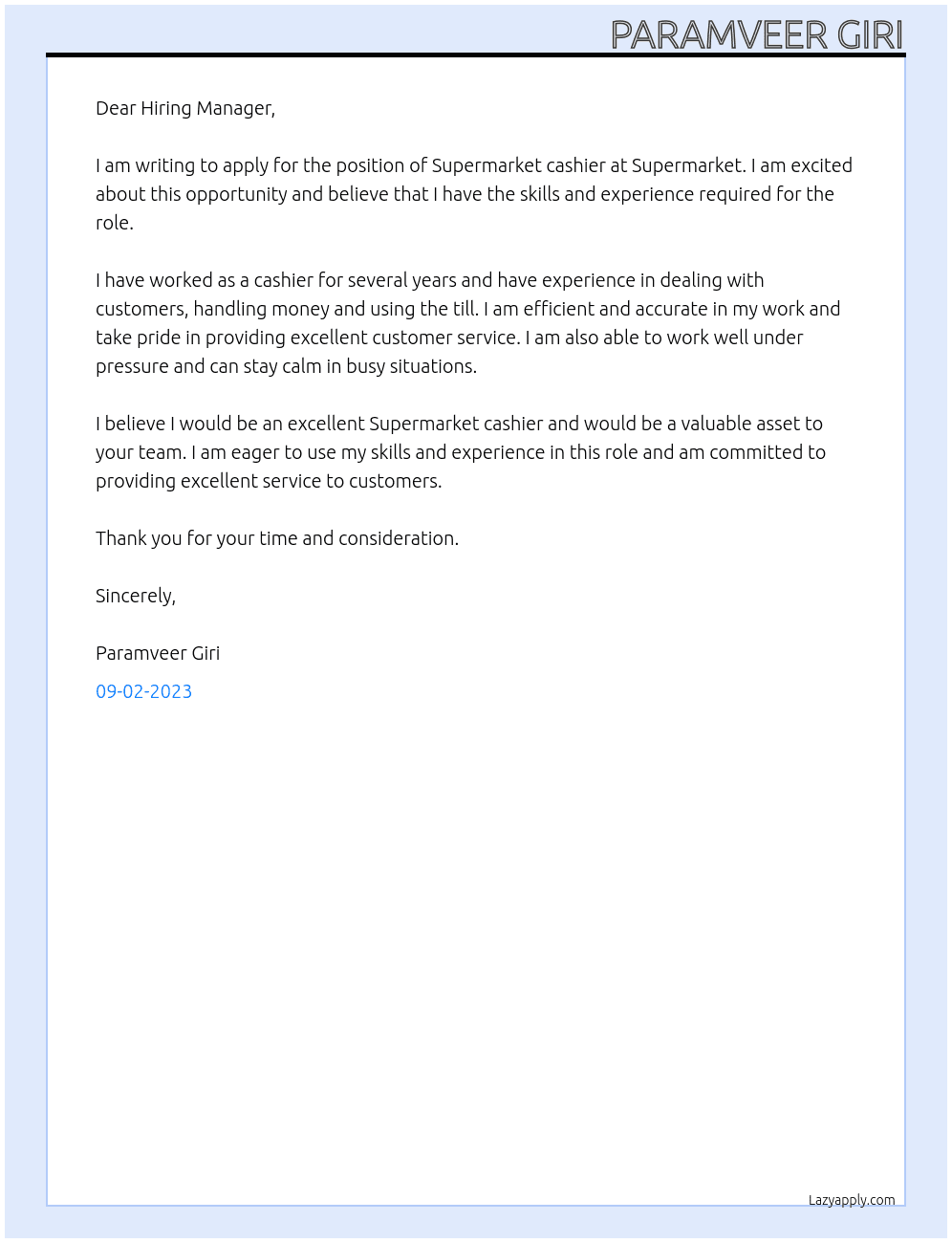 Supermarket cashier  At Supermarket Cover Letter