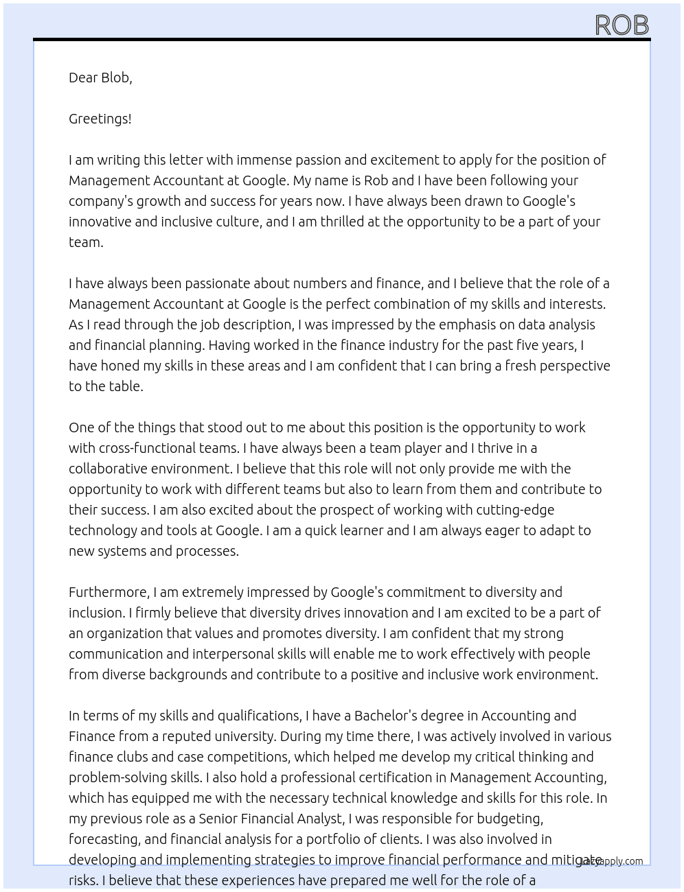 Management Accountant At Google Cover Letter