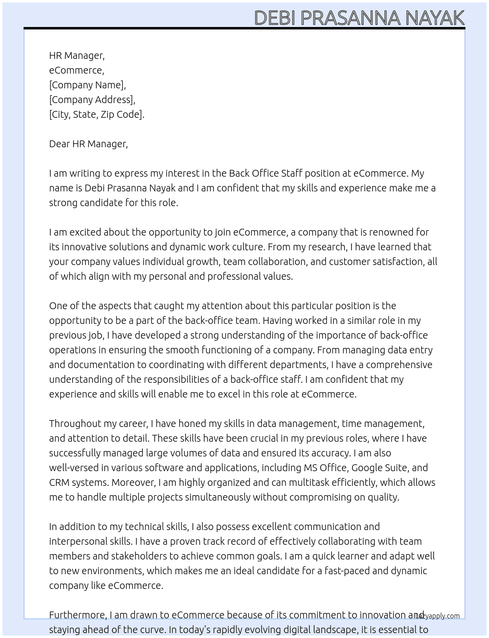 Back office staff At eCommerce  Cover Letter