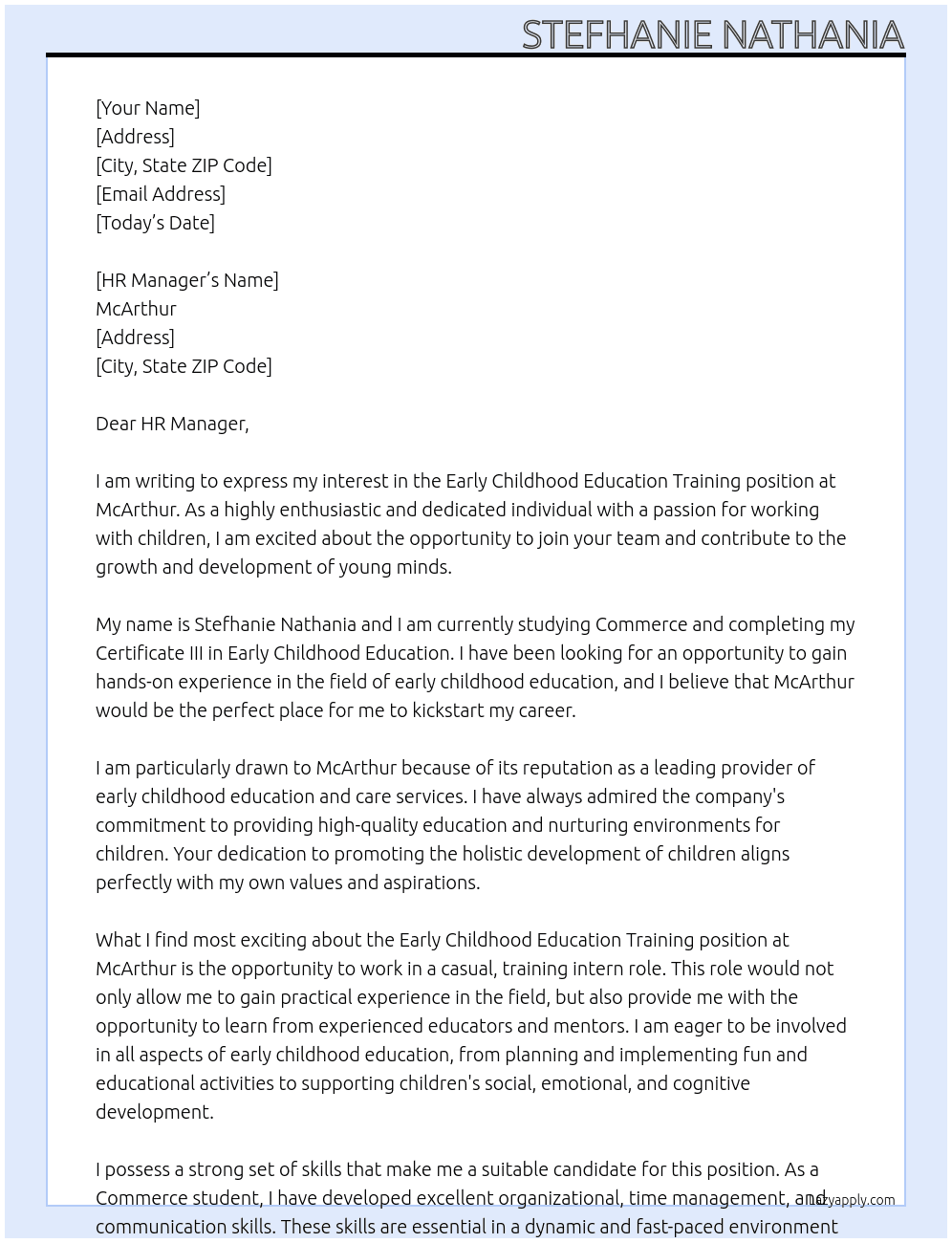 early childhood education traning At McArthur Cover Letter