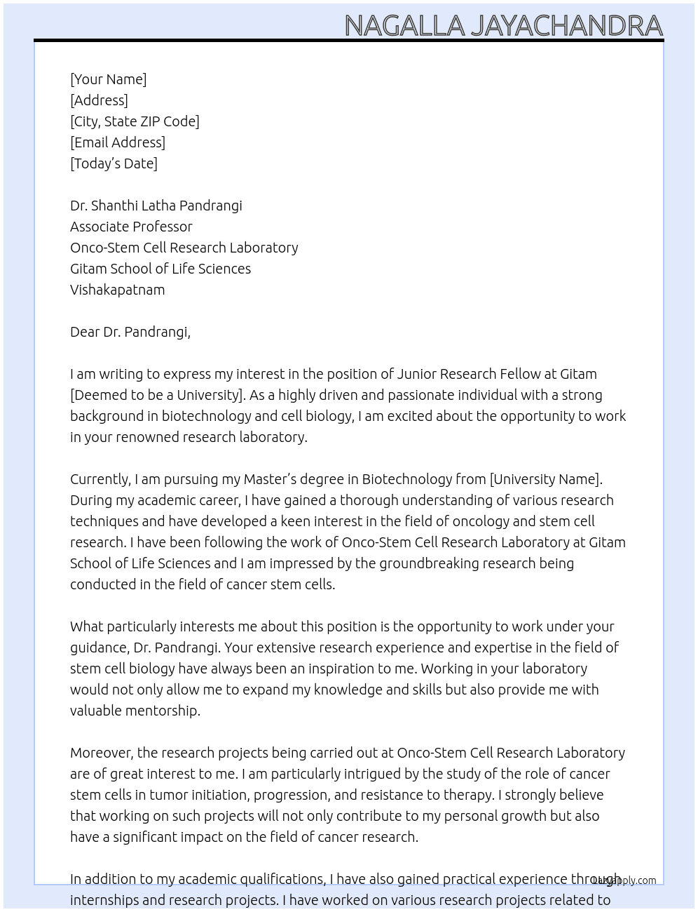 junior research fellow At Gitam [deemed to be a university] Cover Letter