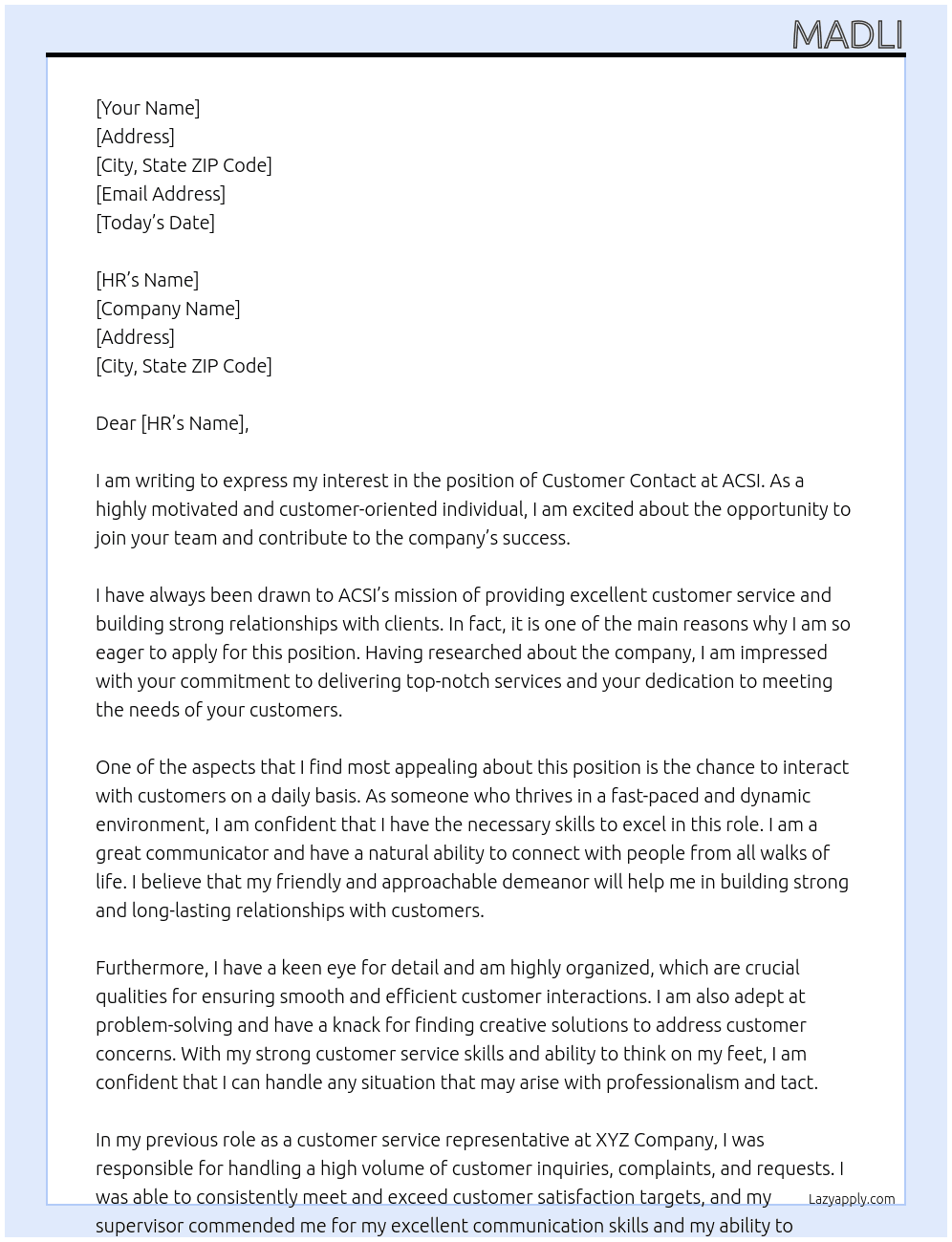 Costumer contact At ACSI Cover Letter