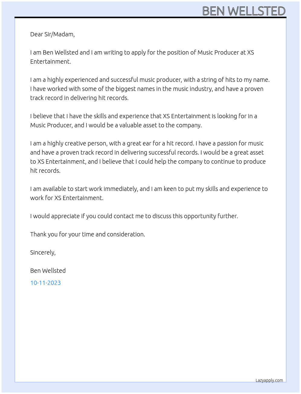 Music Producer At XS Entertainment Cover Letter