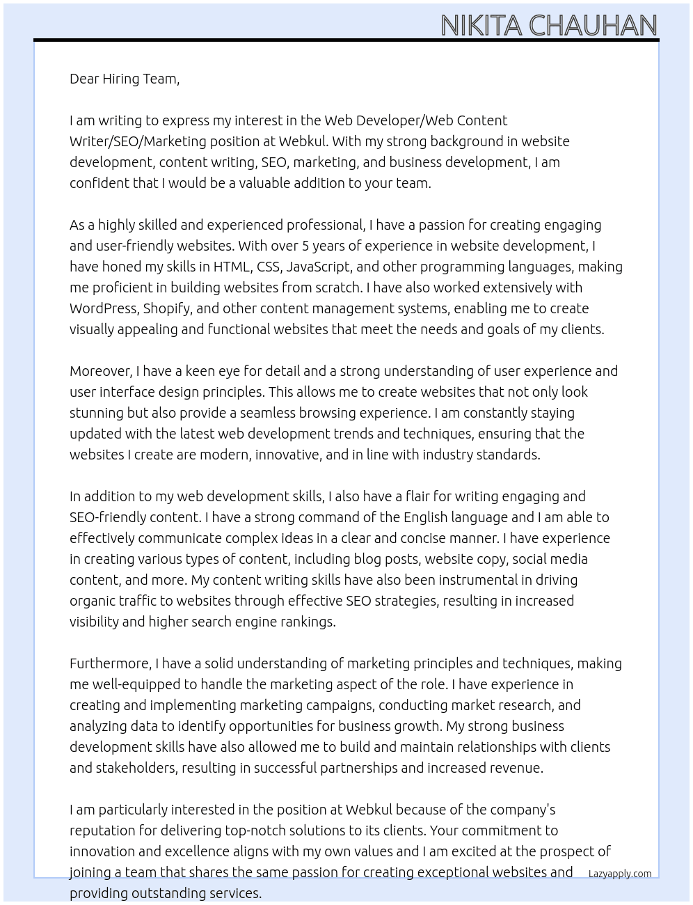 Web Developer/web content writer/ SEO/ Marketing At Webkul Cover Letter