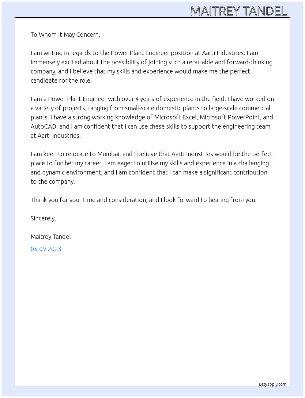 Power Plant Enginner  At Aarti Industries  Cover Letter
