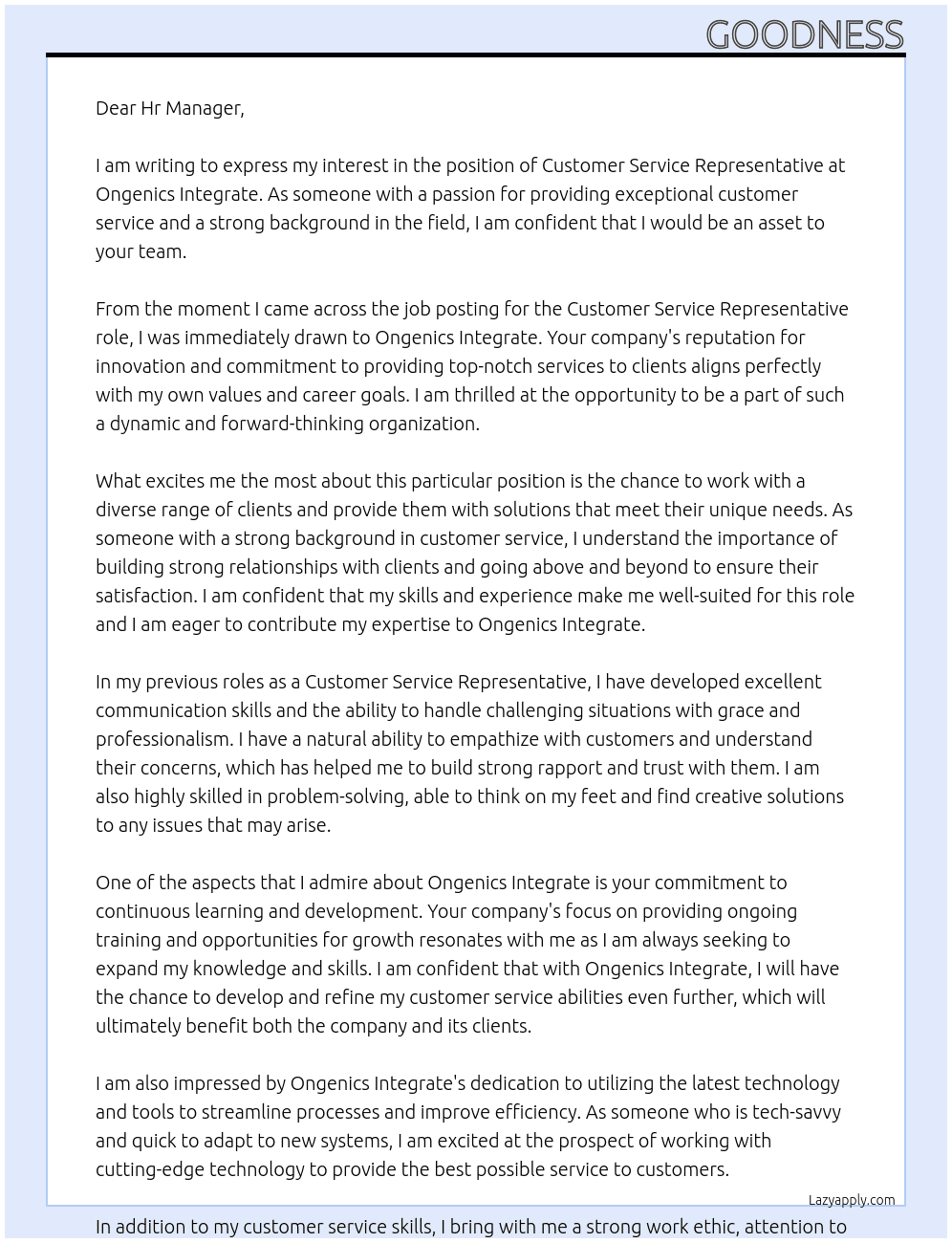Customer Service Representative At Ongenics Integrate Cover Letter