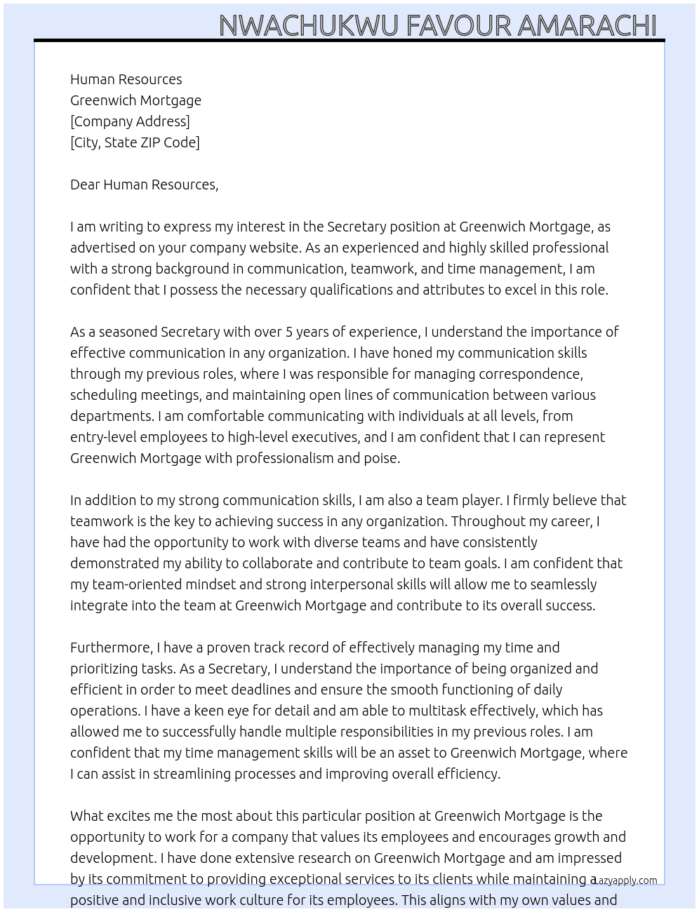 Secretary  At Greenwich Mortgage  Cover Letter